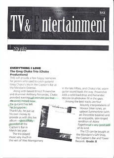 Press clipping: TV & Entertainment review of Everything I Love by The Greg Chako Trio