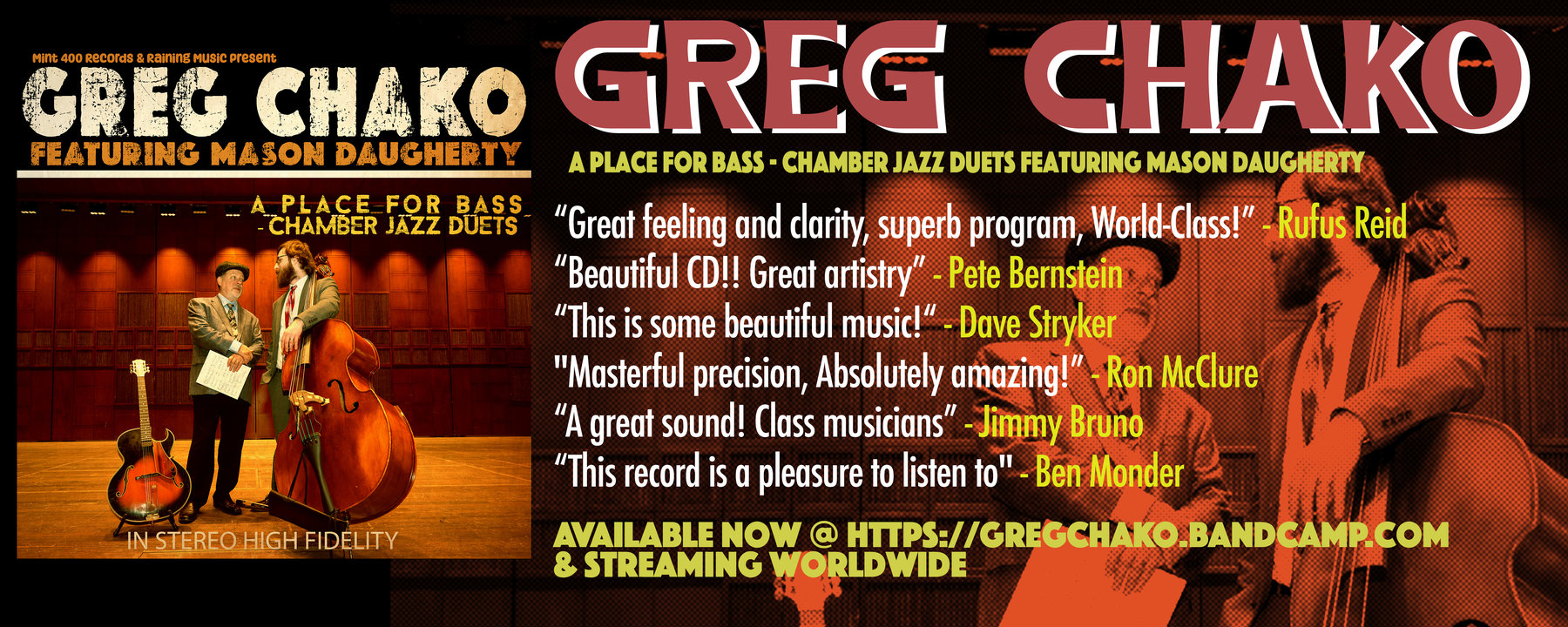 A Place for Bass – Chamber Jazz Duets banner: Greg Chako featuring Mason Daugherty, with quotes from Rufus Reid, Pete Bernstein, Dave Stryker, Ron McClure, Jimmy Bruno and Ben Monder