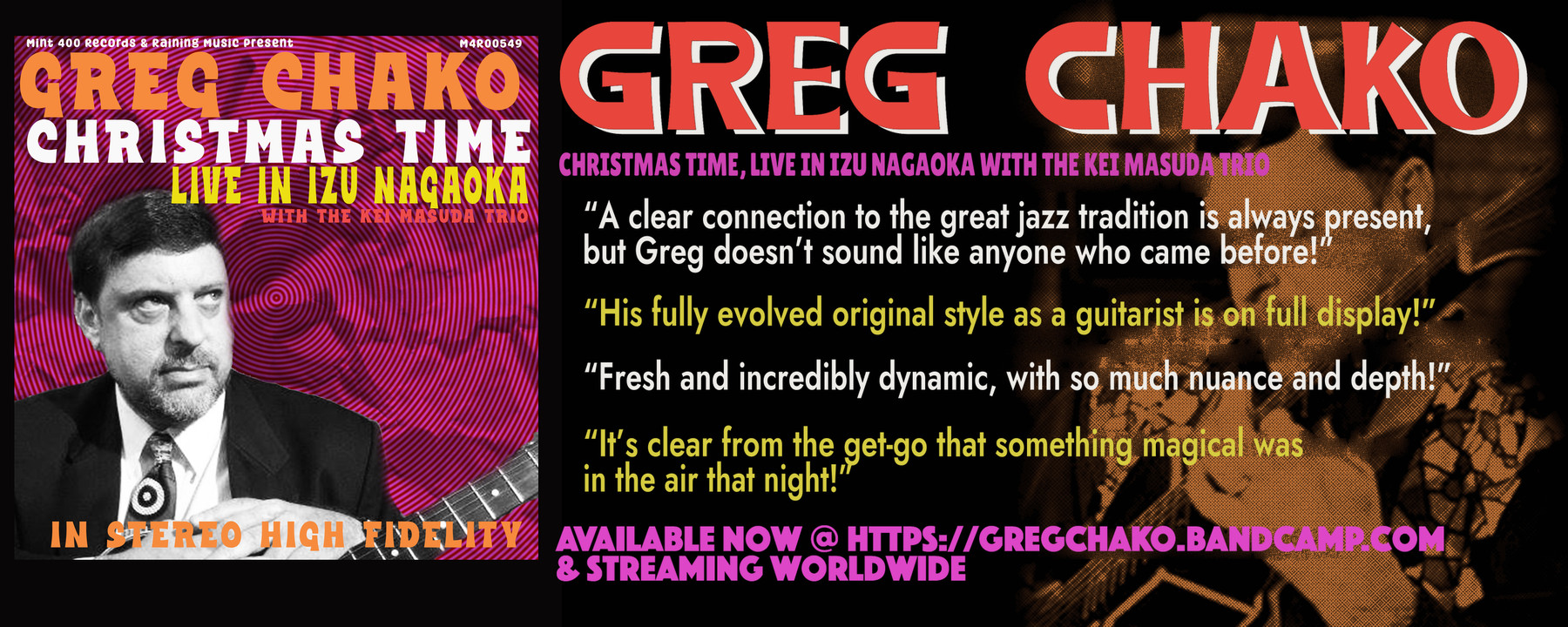 Christmas Time, Live in Izu Nagaoka by Greg Chako with the Kei Masuda Trio: album banner with listener quotes
