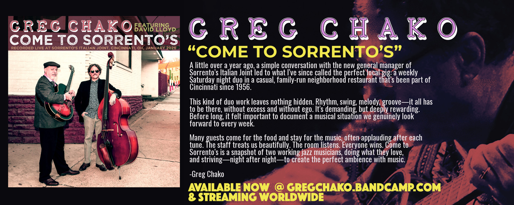 Come To Sorrento’s by Greg Chako featuring David Lloyd: album banner with Greg’s note about the Saturday duo at Sorrento’s Italian Joint