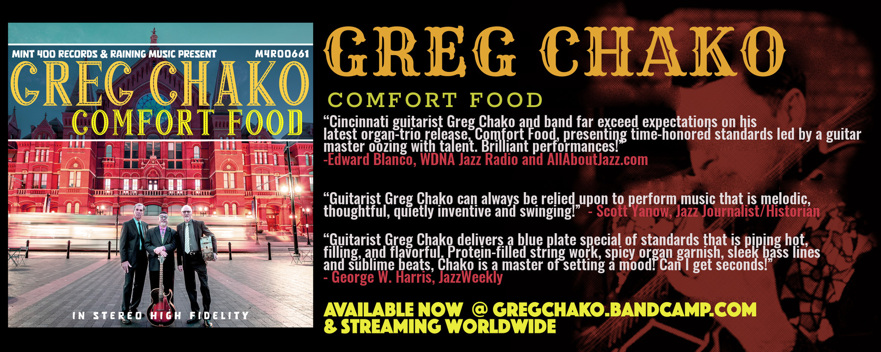 Comfort Food by Greg Chako: banner with quotes from Edward Blanco (WDNA Jazz Radio and AllAboutJazz.com), Scott Yanow and George W. Harris (JazzWeekly)