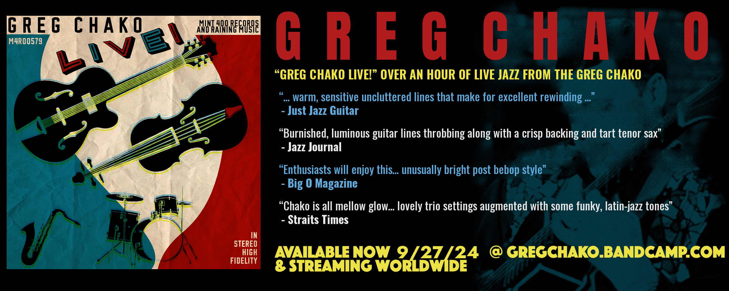 Greg Chako Live! banner: over an hour of live jazz from the Greg Chako Trio, available 9/27/24 at gregchako.bandcamp.com