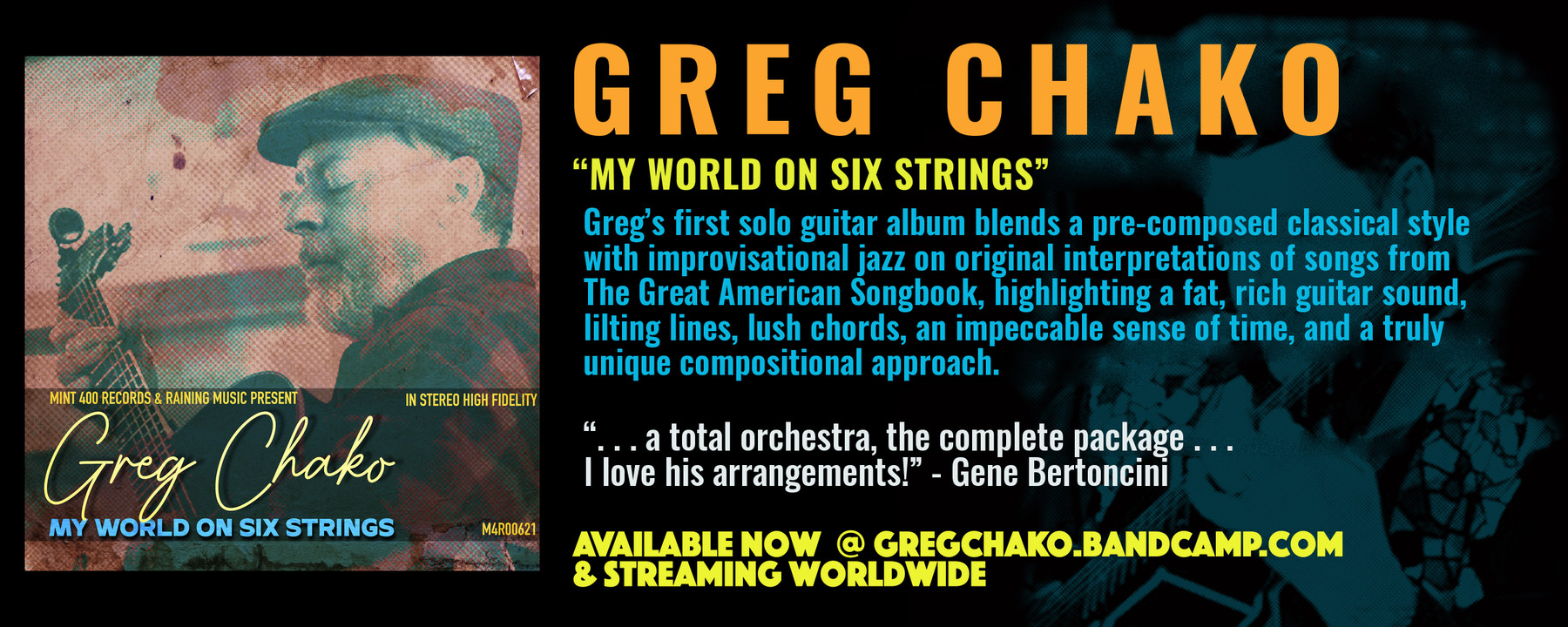 My World on Six Strings by Greg Chako: banner with a quote from Gene Bertoncini
