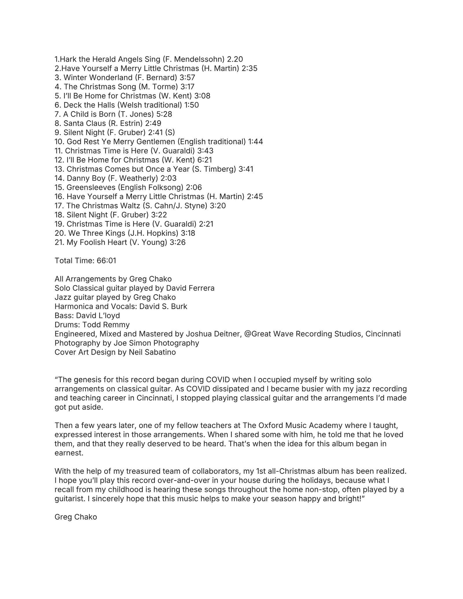 Merry Christmas from Greg Chako liner notes, page 1