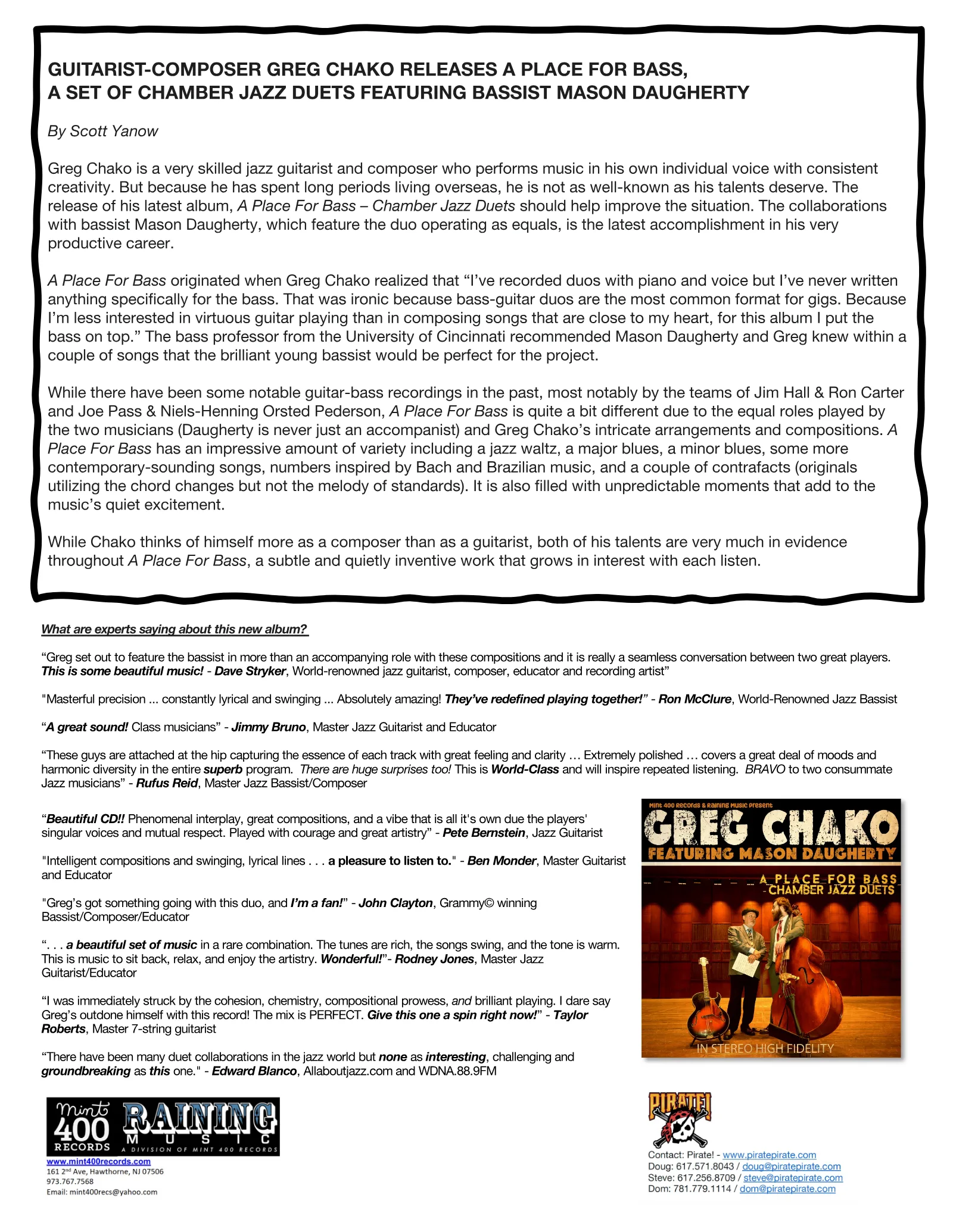 A Place for Bass – Chamber Jazz Duets one-sheet, page 1