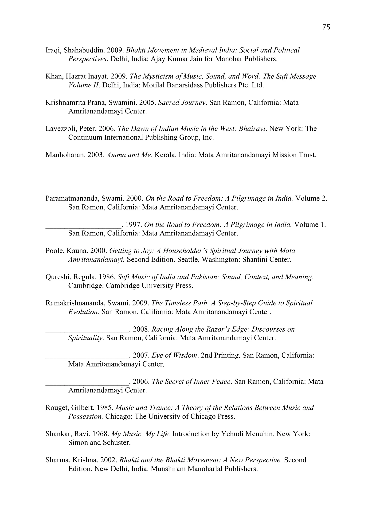 A Study of Bhajan Ensembles at Spiritual Programs of Mata Amritanandamayi Devi (academic paper), page 75 of 77