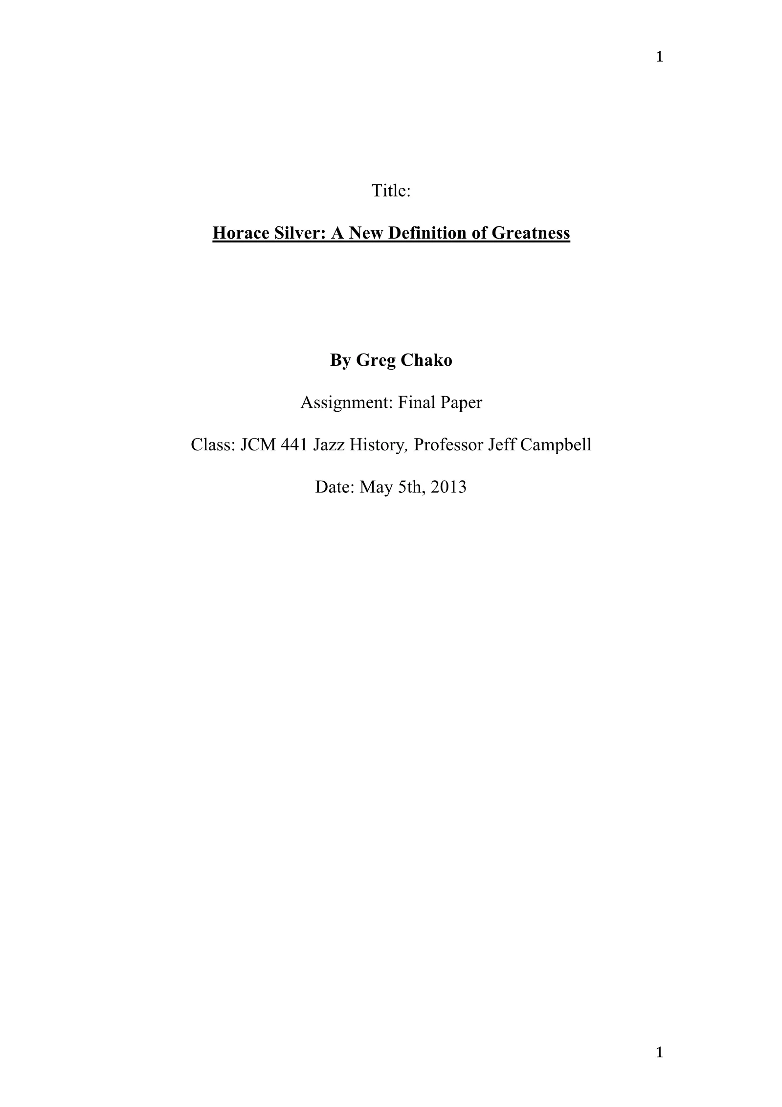 Horace Silver: A New Definition of Greatness (academic paper), page 1 of 41