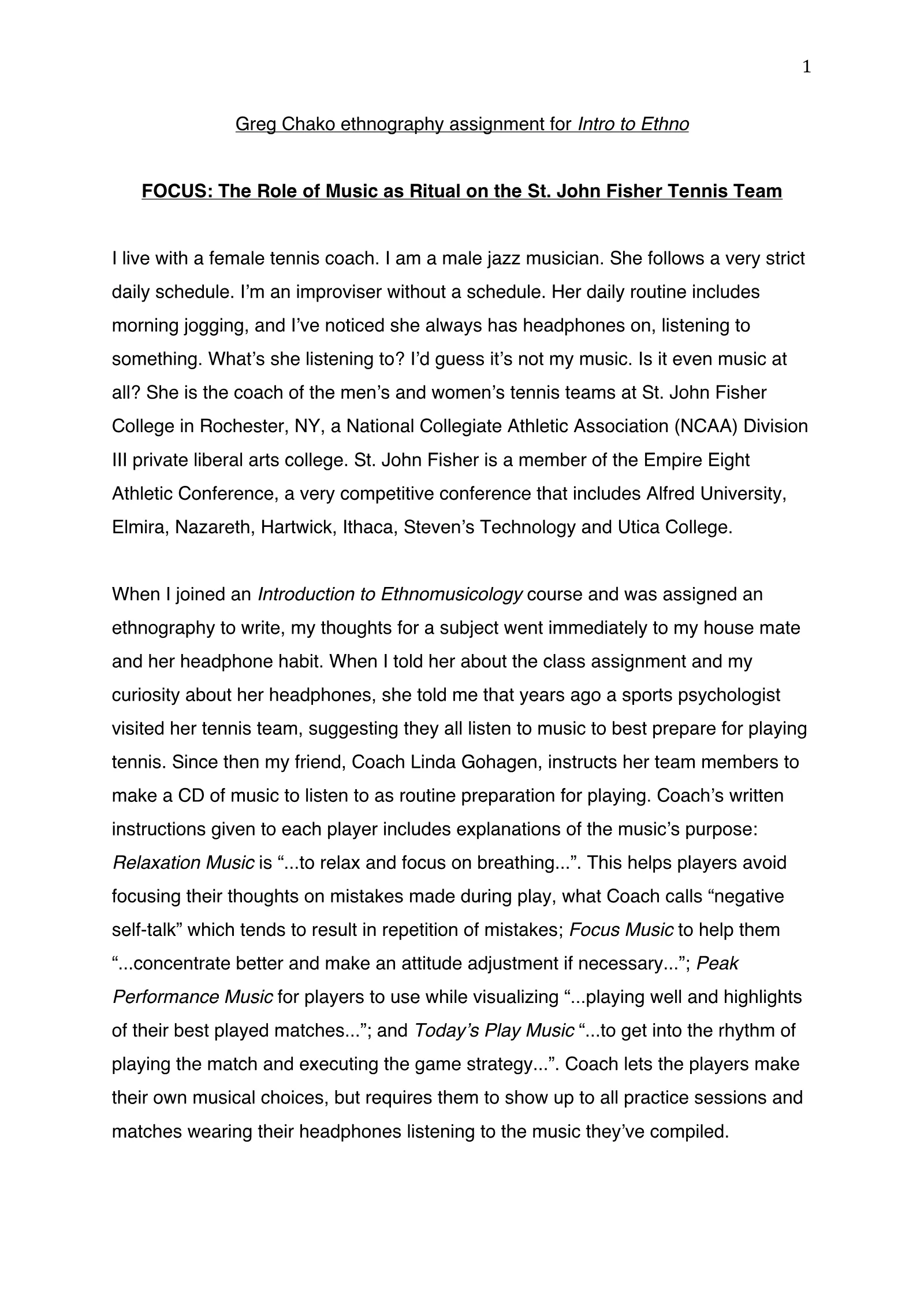 The Role of Music as Ritual on the St. John Fisher Tennis Team (academic paper), page 1 of 9