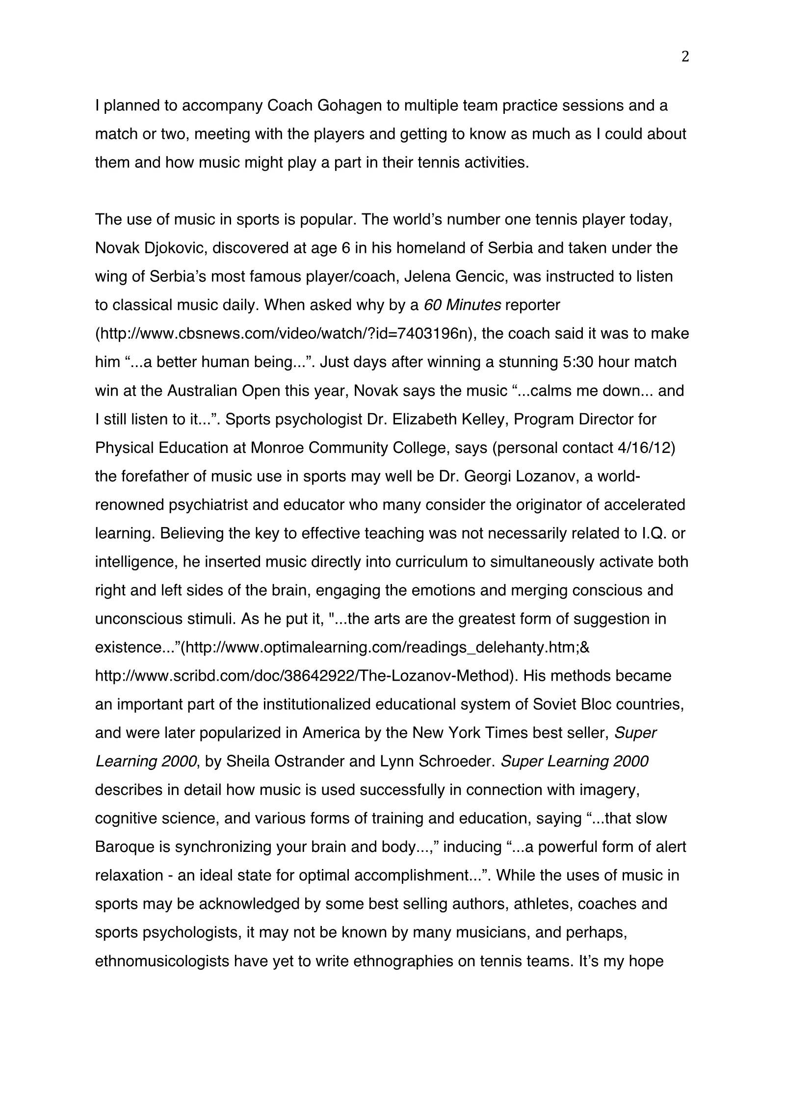 The Role of Music as Ritual on the St. John Fisher Tennis Team (academic paper), page 2 of 9
