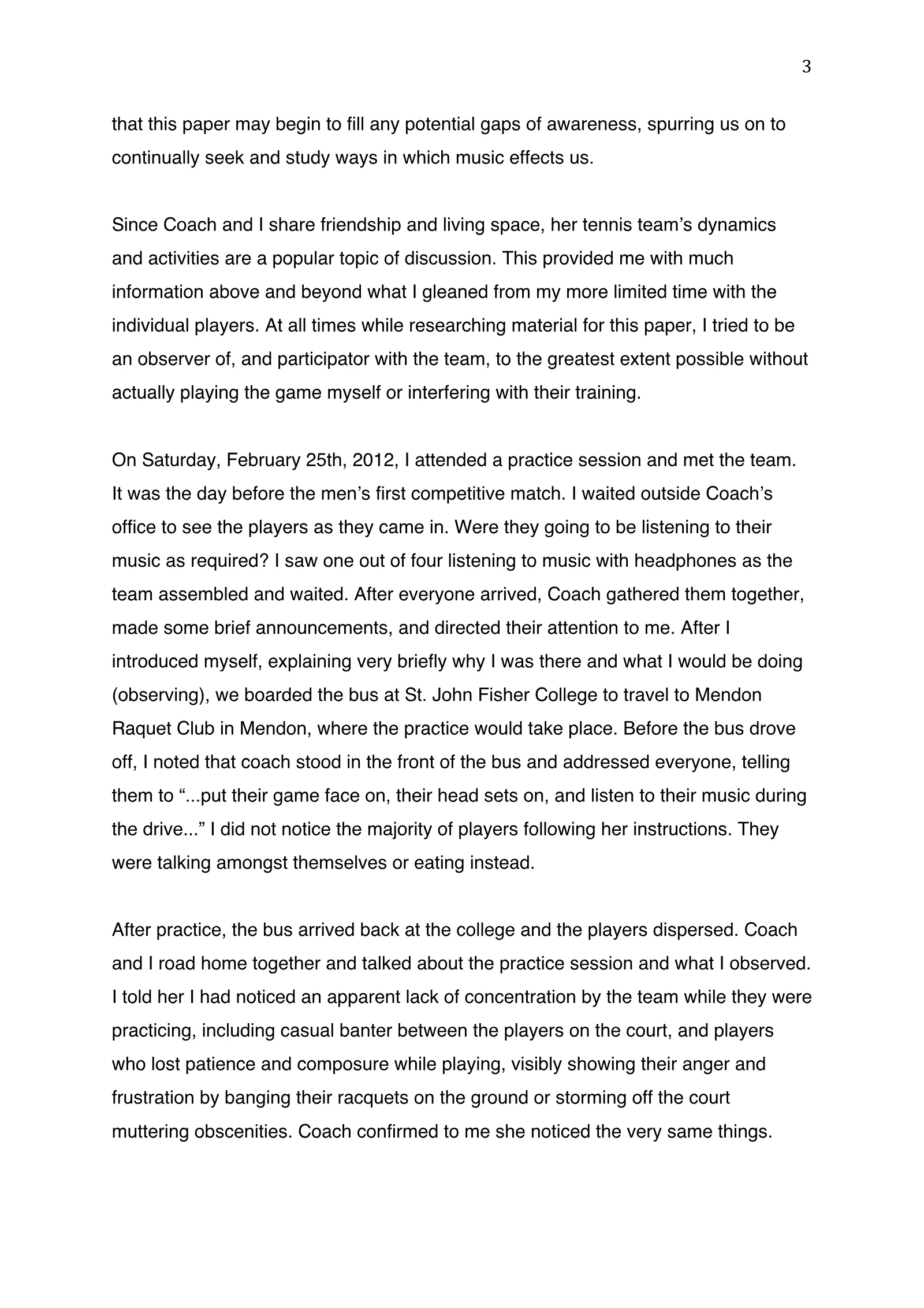 The Role of Music as Ritual on the St. John Fisher Tennis Team (academic paper), page 3 of 9