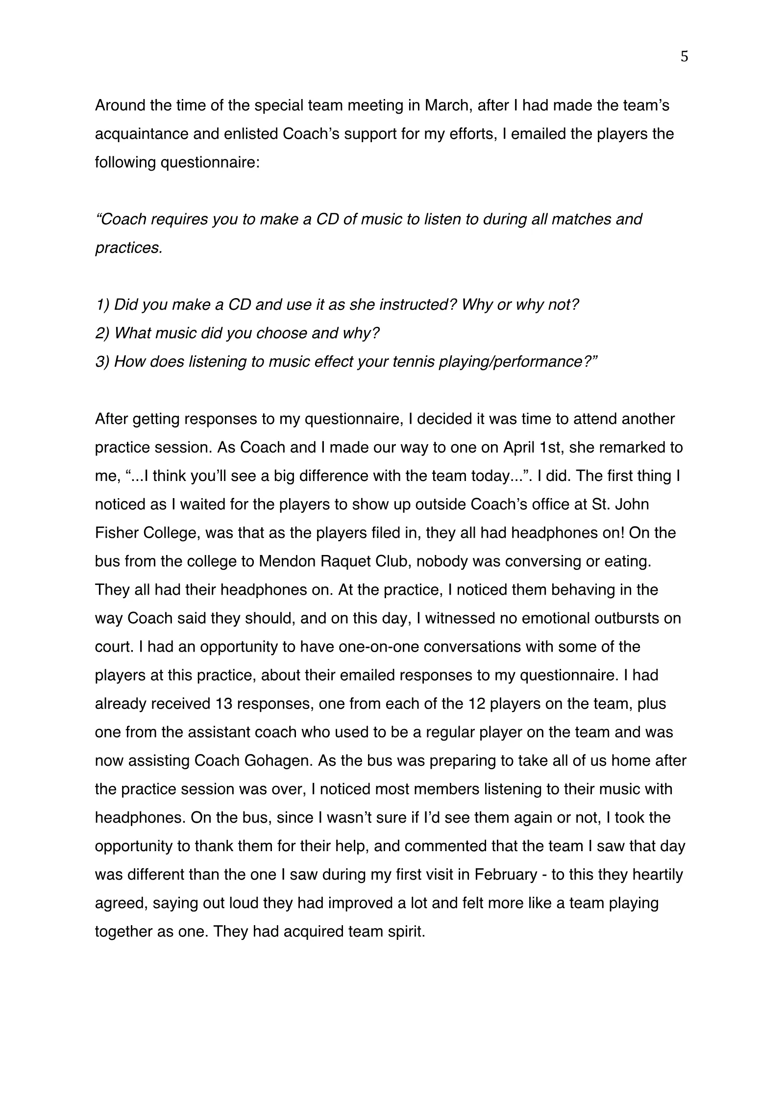 The Role of Music as Ritual on the St. John Fisher Tennis Team (academic paper), page 5 of 9