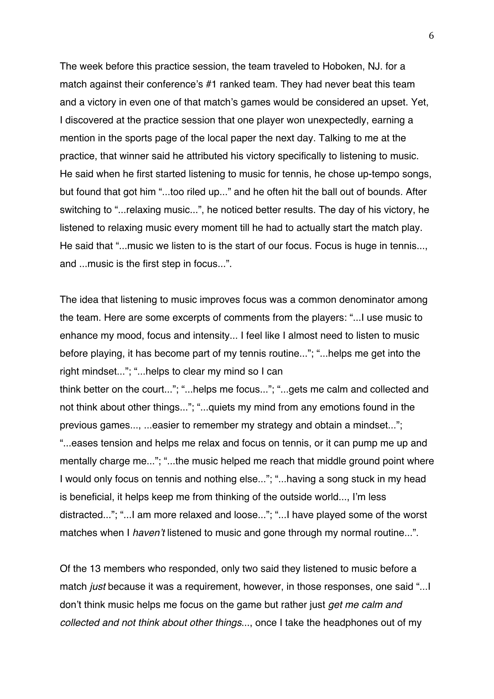 The Role of Music as Ritual on the St. John Fisher Tennis Team (academic paper), page 6 of 9