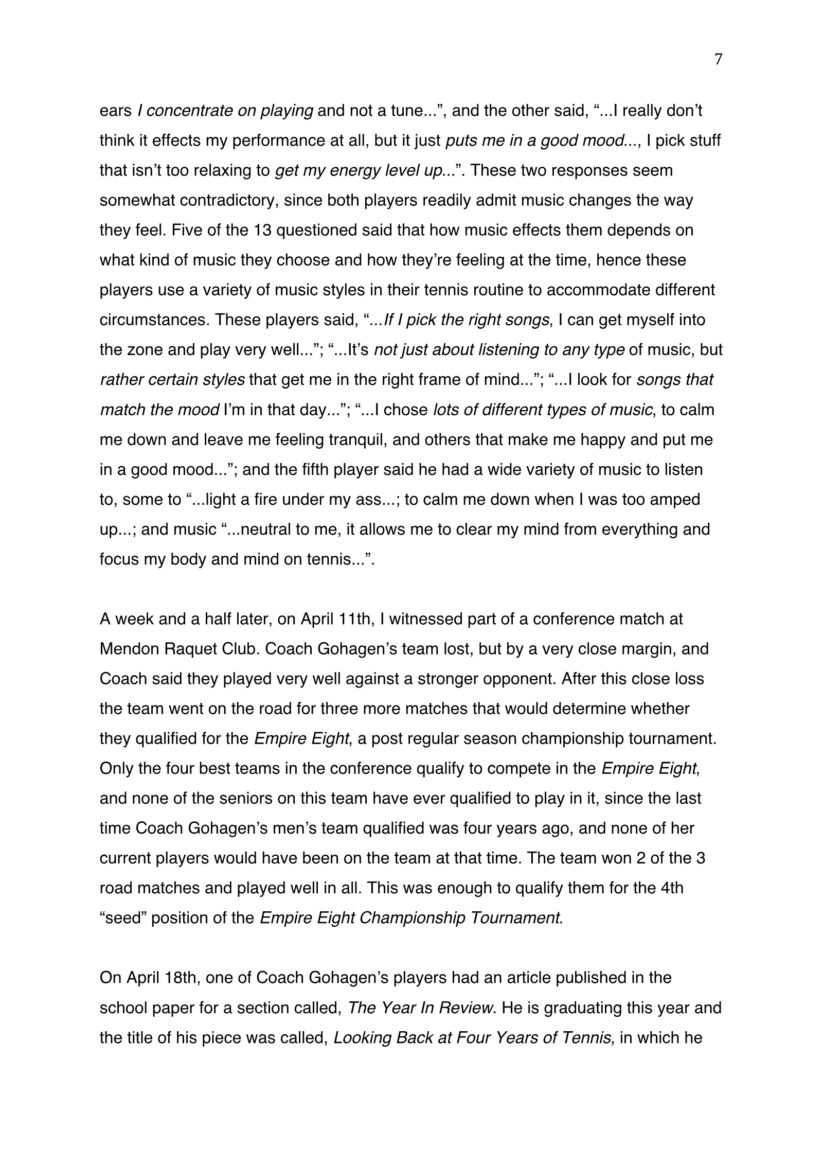 The Role of Music as Ritual on the St. John Fisher Tennis Team (academic paper), page 7 of 9