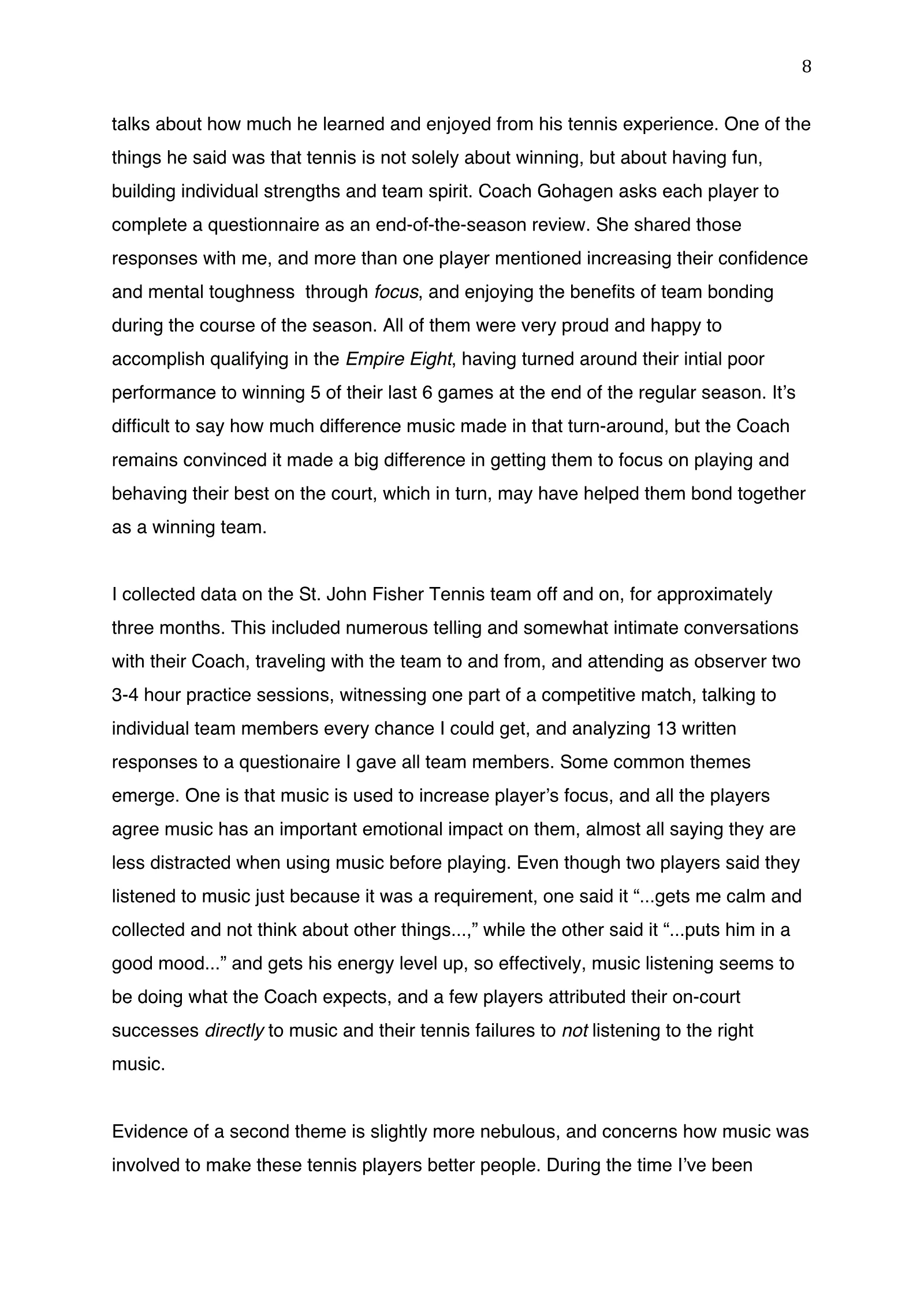 The Role of Music as Ritual on the St. John Fisher Tennis Team (academic paper), page 8 of 9