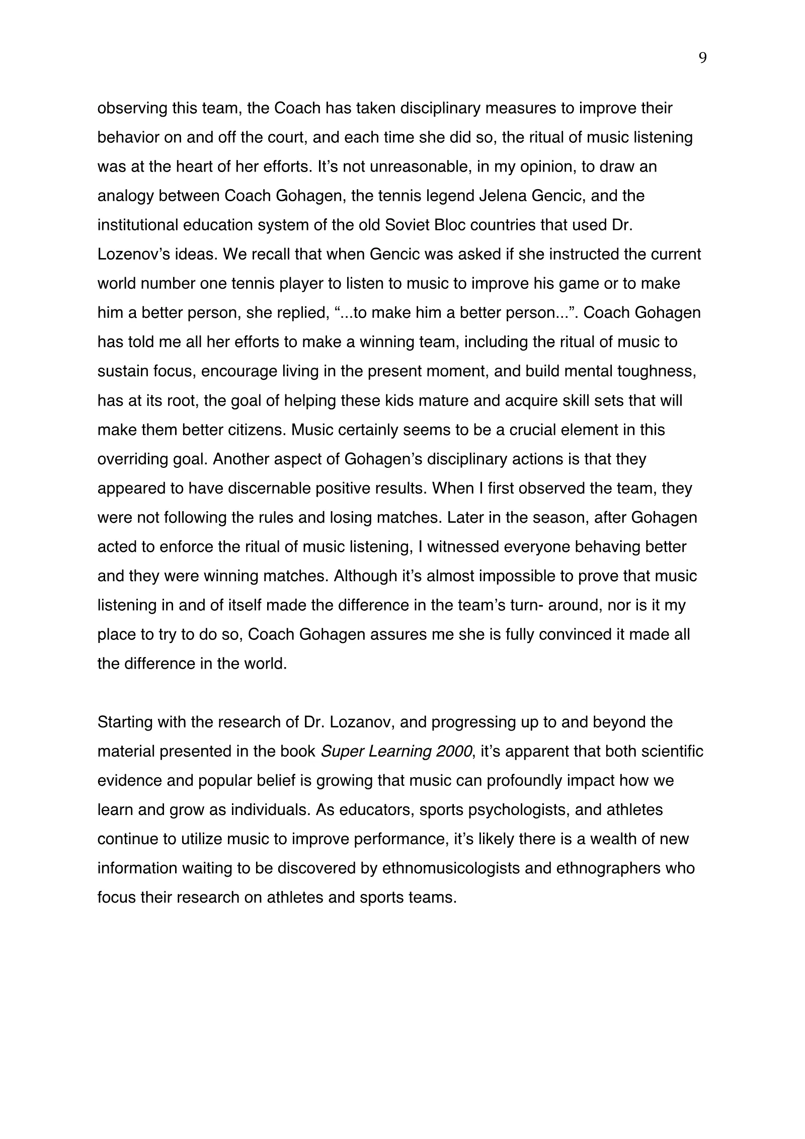 The Role of Music as Ritual on the St. John Fisher Tennis Team (academic paper), page 9 of 9