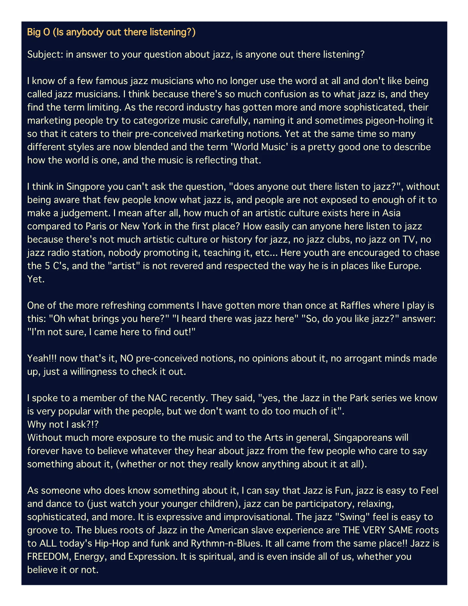 Big O (Is anybody out there listening?) (Singapore press clipping), page 1 of 2