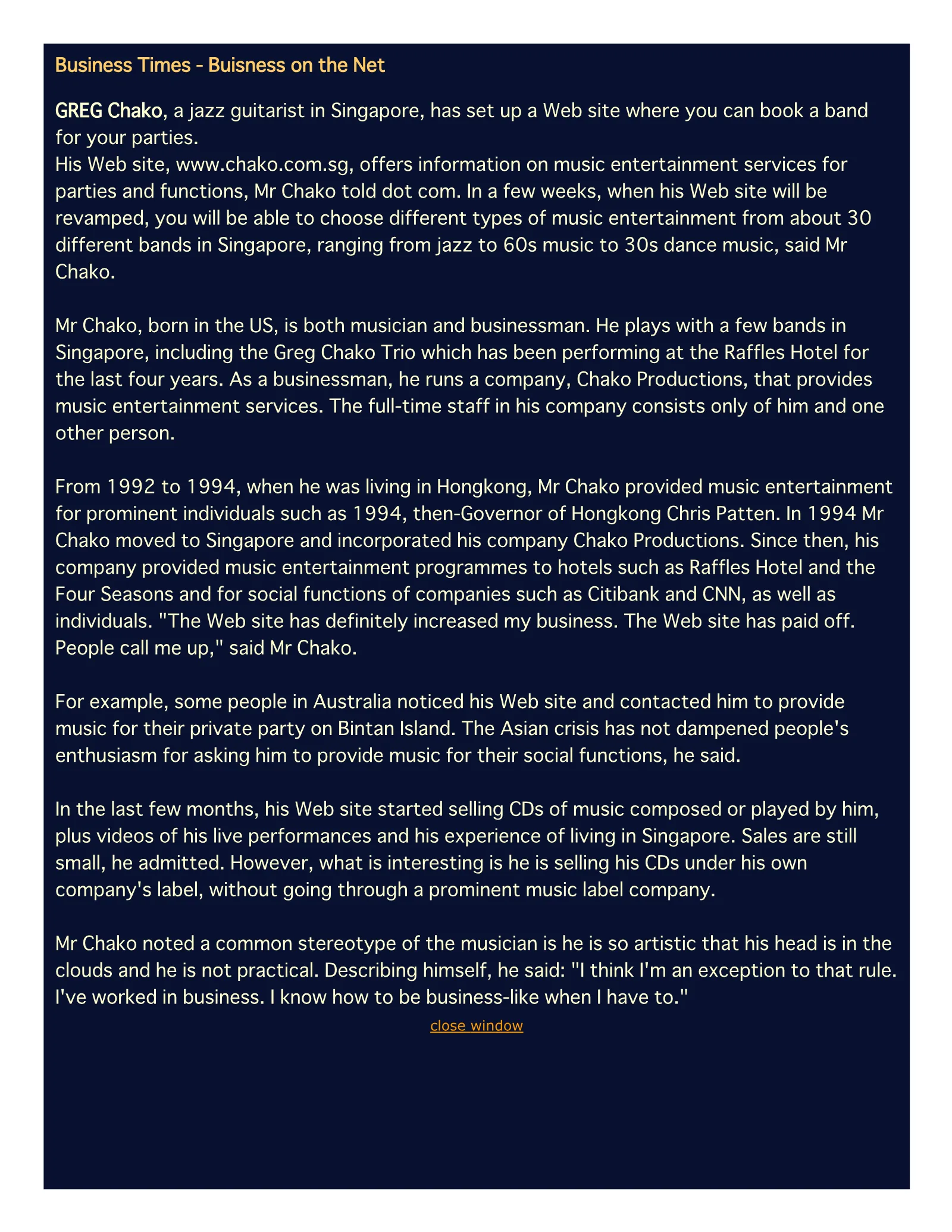 Business Times - Business on the Net (Singapore press clipping), page 1