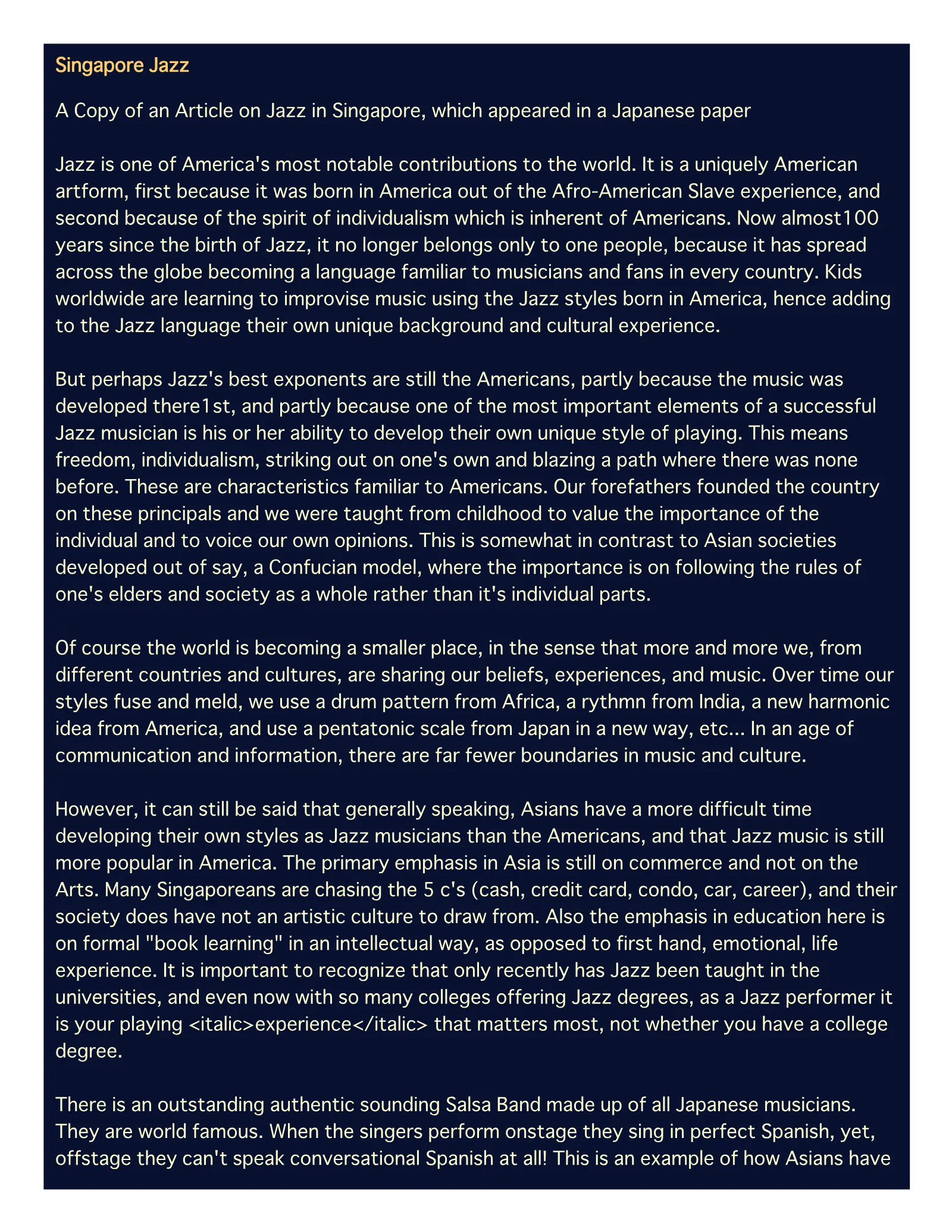 Singapore Jazz (Singapore press clipping), page 1 of 2
