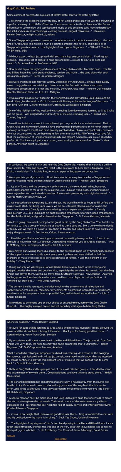 Greg Chako Trio Reviews